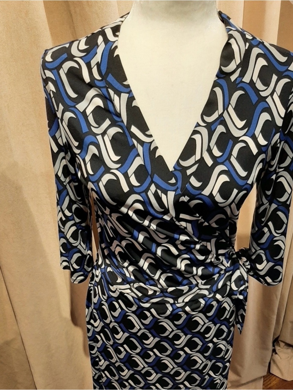 Bisou Bisou Knit Wrap Dress, Black Blue White, Long Sleeve, Tie at Waist, Sz 4 - Picture 3 of 16